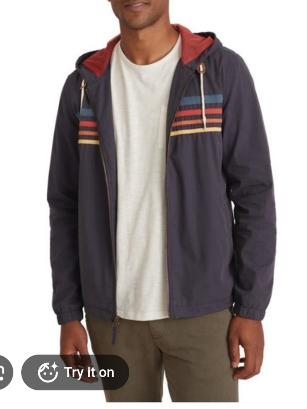 Marine layer's Vintage Howell Hooded Windbreaker Jacket in Navy with Red Lining